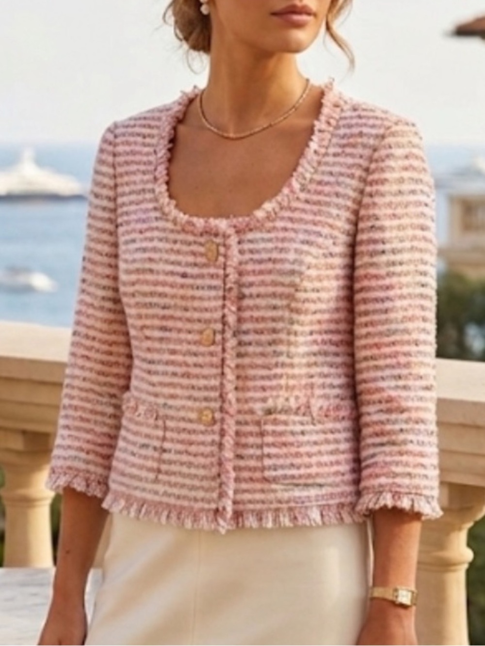 Trina Turk Pink Tweed Boucle Fringe Collar Jacket Blazer Scoop Neck Size 4